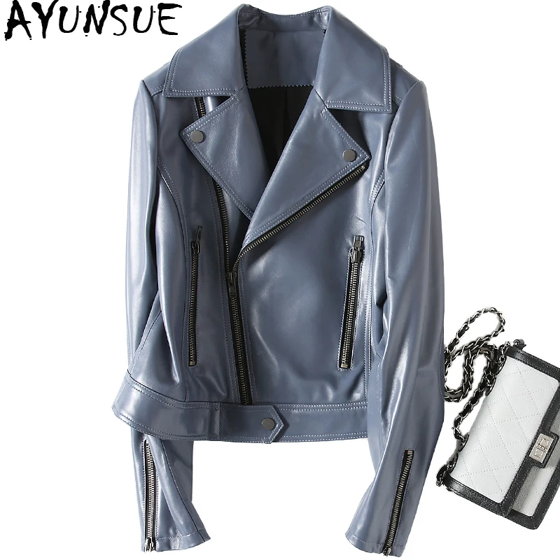 

AYUNSUE 2019 Autumn 100% Real Leather Jacket Women Short Lady Genuine Leather Jacket Motorcycle Sheepskin Coat Outerwear CJX1811