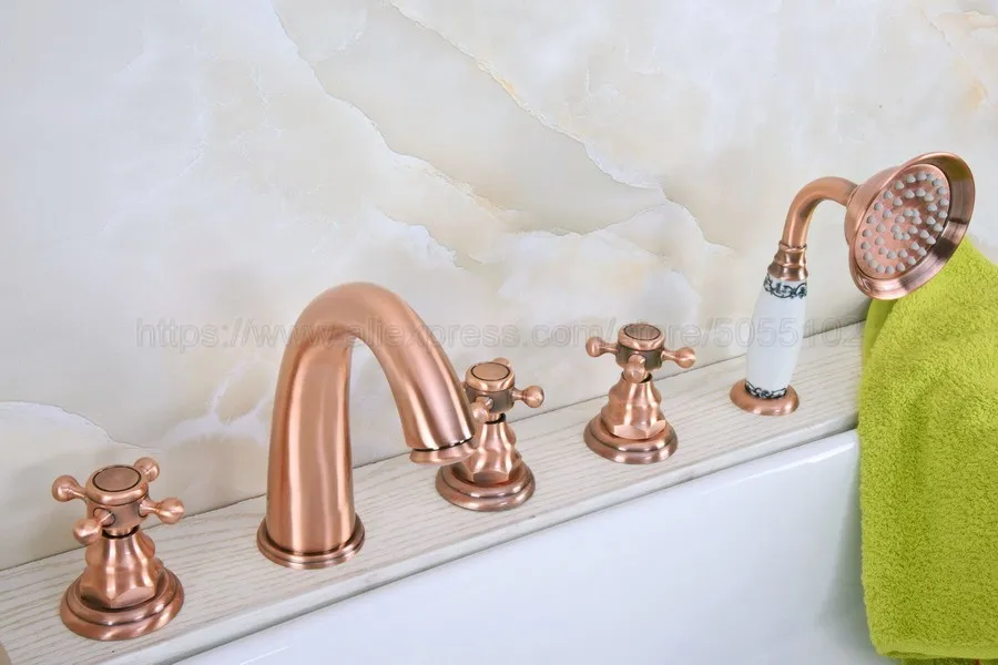 Bathroom Bathtub Faucet Antique Red Copper 5 Hole Bathroom Faucet Set Hot Cold Mixer Tap with Handheld Shower ztf240