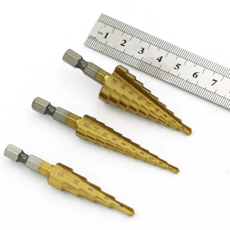 Hss Steel Titanium Step Drill Bits 3-12mm 4-12mm 4-20mm Step Cone Cutting Tools Steel Woodworking Wood Metal Drilling Set Hss Steel Titanium Step Drill Bits 3-12mm 4-12mm 4-20mm Step Cone Cutting Tools Steel Woodworking Wood Metal Drilling Set