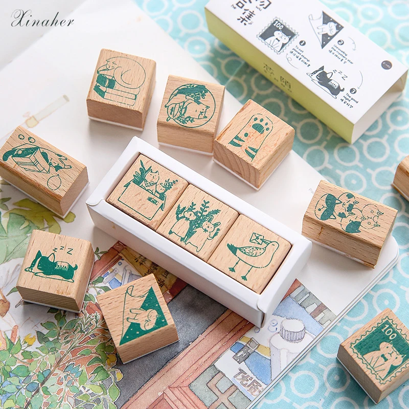 

XINAHER Vintage cute animal cat bird decoration stamp wooden rubber stamps for scrapbooking stationery DIY craft standard stamp