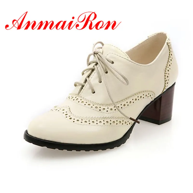 

ANMAIRON Nice Cut-out Casual Women Oxfords Pointed Toe Square Heels Oxfords Shoes for Girls Pu Lace-up Beige Black Brown Oxfords