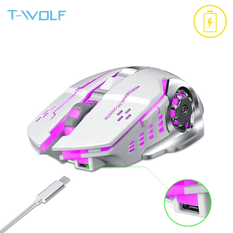 Pаспродажа T WOLF Q13 Перезаряжаемые Беспроводной Мышь Silent эргономичная игровых мышей 6 кнопок RGB Подсветка 2400 Точек на дюйм для портативных компьютеров Pro ...
