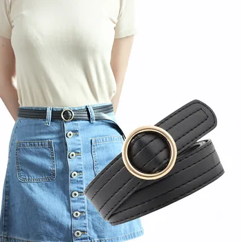

103X2.3Cm New Trend Female Golden Round Buckle Wide Jeans Belts For Women Luxury Woman Leisure Brown Waist Belt Feminine