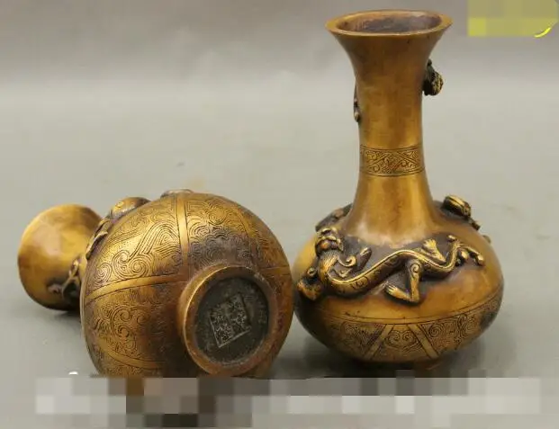 

S1451 6" Old Chinese Palace Han Dynasty Bronze Chi Dragon Statue Bottle Vase Pot Pair discount 30% (C0324)