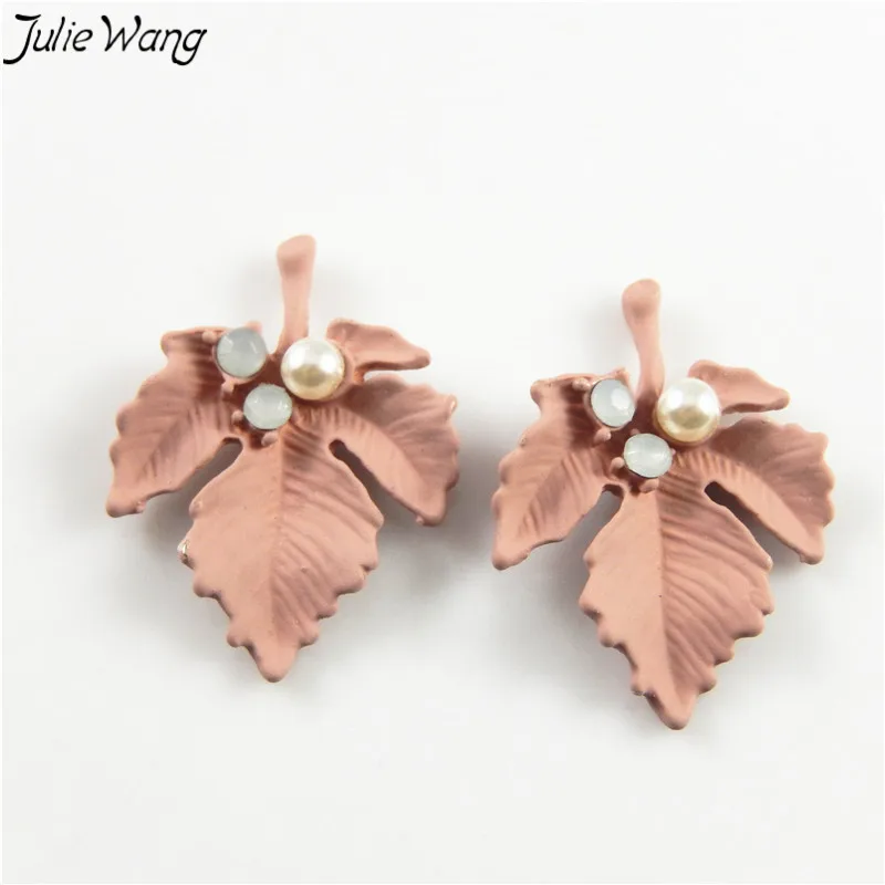 

Julie Wang 10PCS Frosted Pink Leaf Rhinestone Pearl Decored Alloy Cute Pendant Charm Making Phone Case Keychain Jewelry Findings