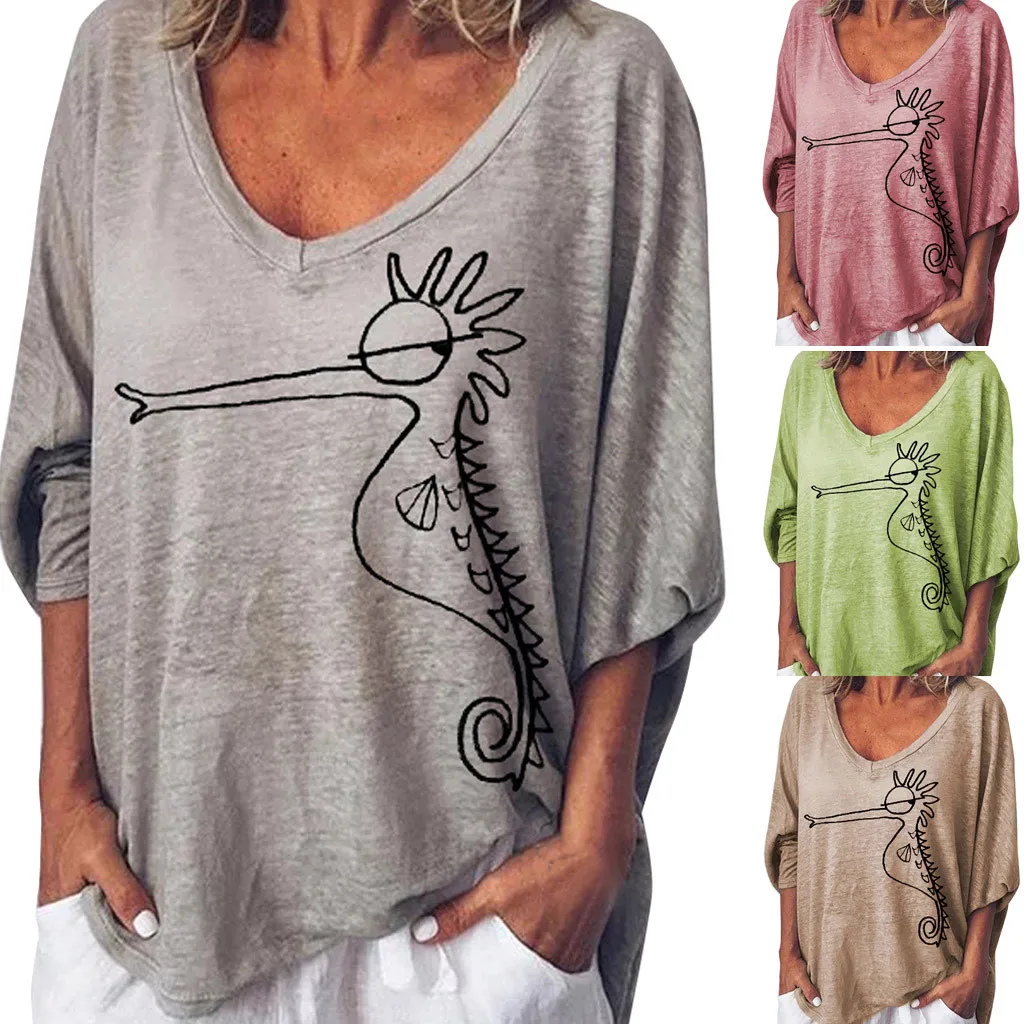 

T-shirt women summer women Plus Size Loose FashionShort V-Neck Printed Casual T-shirt Y619