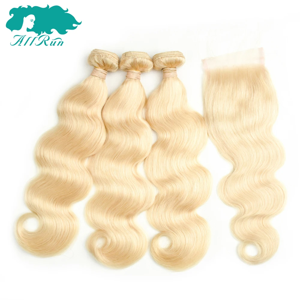 Allrun #613 блондинка бразильские волосы плетение пучков с закрытием мед блондинка 3 шт. человеческие волосы пучки с закрытием remy волосы