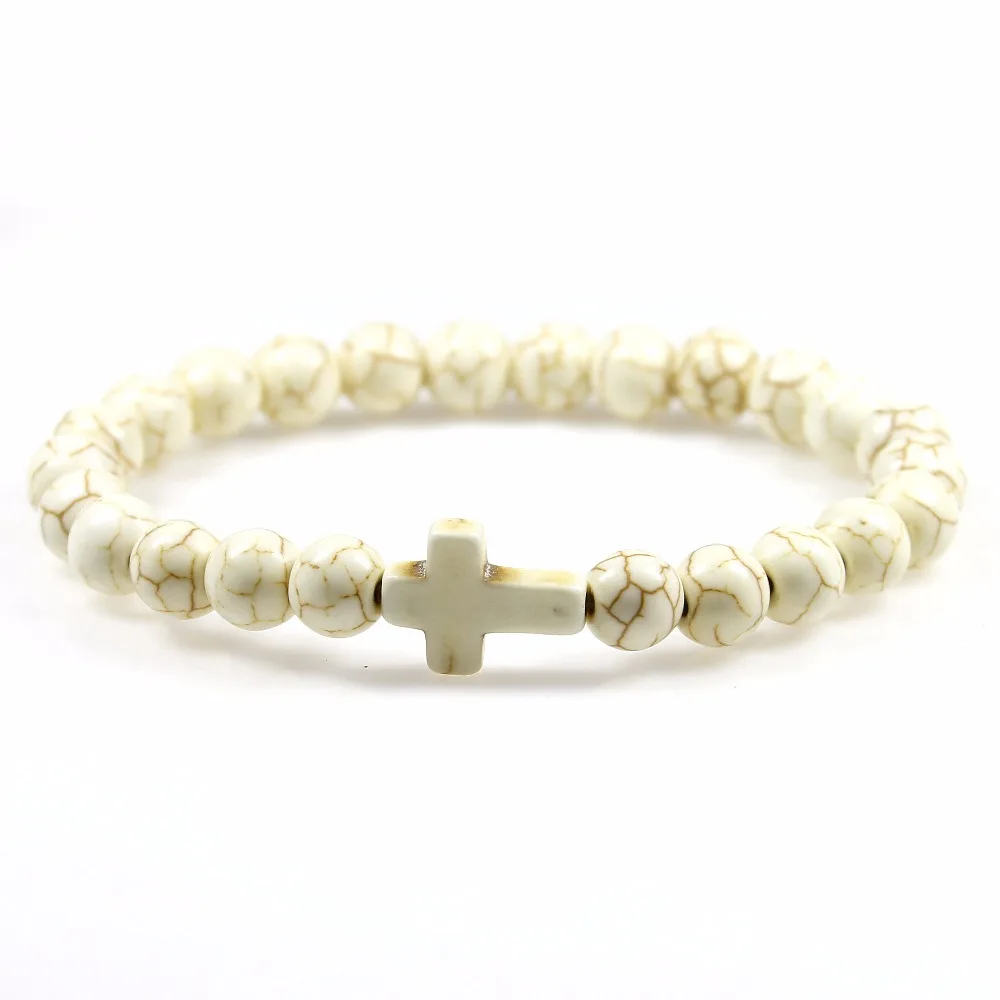 

Howlite Cross Bracelets Natural Stone Round Beads Elasticity Rope Men Bracelet Lucky Charms Bracelets Bangle For Women