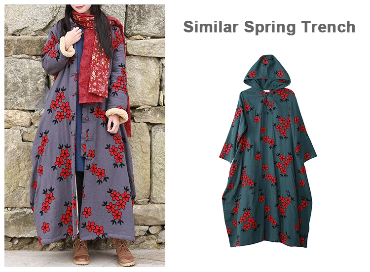 LZJN Women's Chinese-Style Floral Embroidered Trench Coat, Maxi Loose Overcoat, Windproof Fleece Jacket, for Autumn and Winter