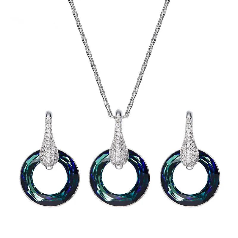 

100% S925 Sterling Silver Green Light Crystals from Swarovski Necklace +Stud Earrings for Women Valentine's Day Gift Jewelry Set