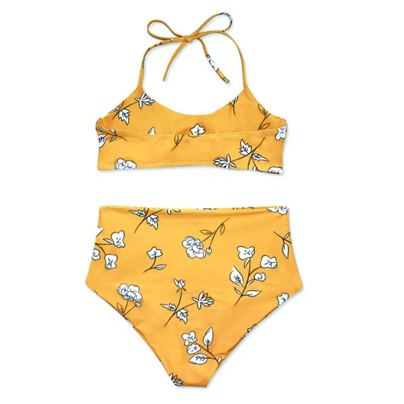 

Women Sexy Two Piece Set Lace Up Halter Deep Scoop Neck Bra High Waisted Thong Boho Ethnic Floral Printed Swimsuit Padded