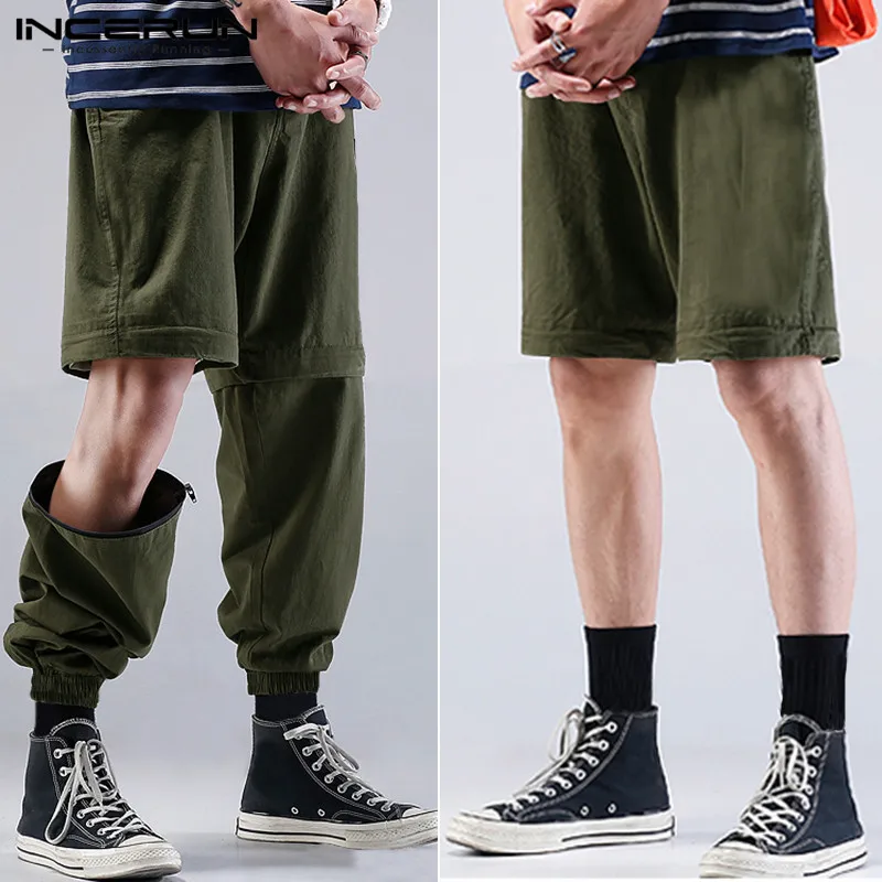 INCERUN/мужские шорты с двумя носками, шорты с эластичной резинкой на талии, на молнии, одноцветные свободные, прямые спортивные брюки