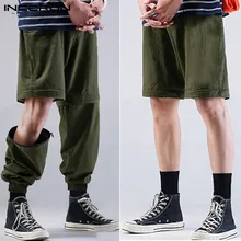 INCERUN/мужские шорты с двумя носками, шорты с эластичной резинкой на талии, на молнии, одноцветные свободные, прямые спортивные брюки