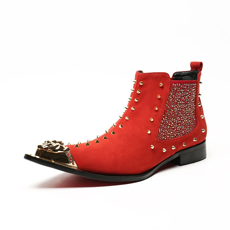 

Rivet Punk Fashion Boots Luxury Designer Red Pointed Jeans Boots Leather Ankle Chelsea Boots Genuine Leather Men's Rock Botas