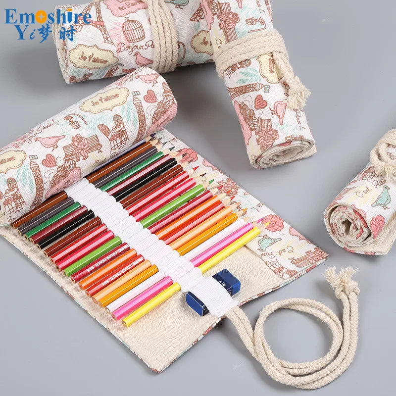 Emshire Paris Tower small fresh canvas handmade curtain 12 24 36 48 72 hole volume pencil case pen color lead storage (2)
