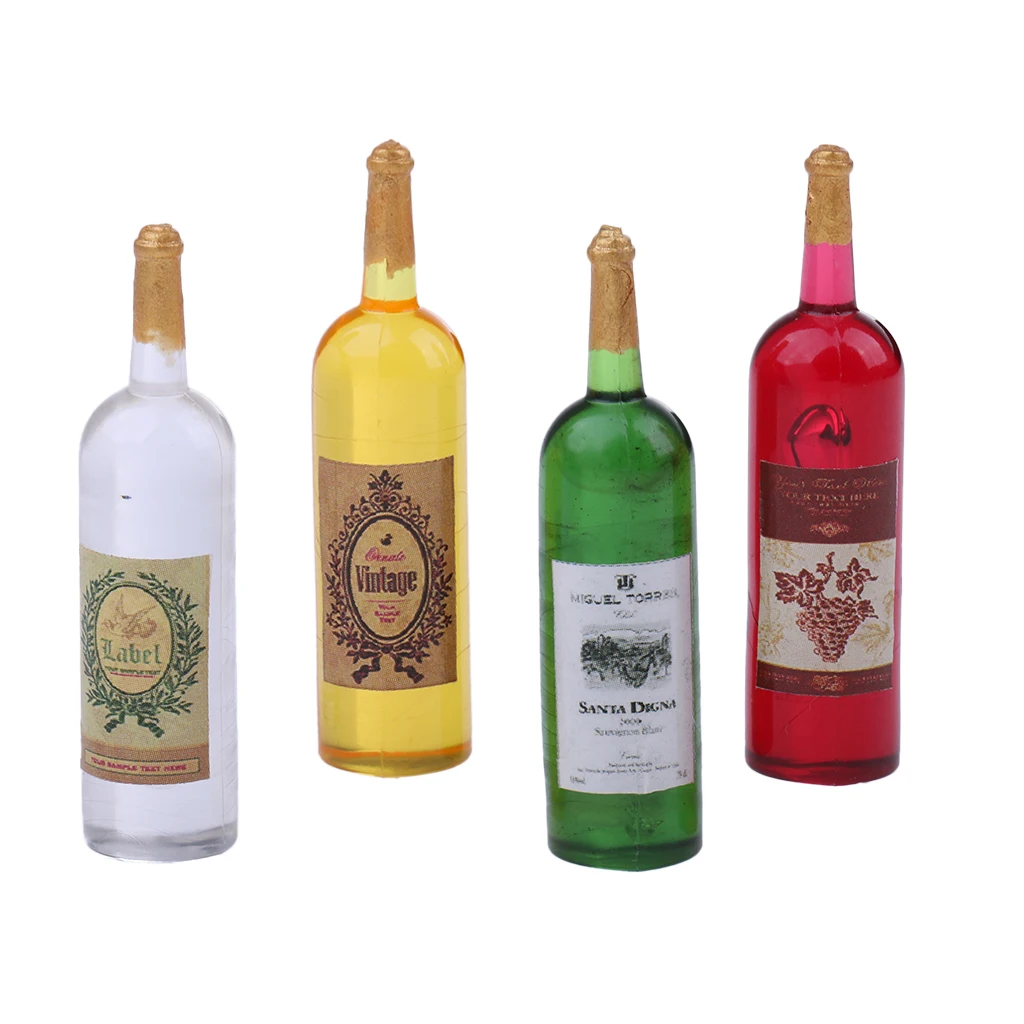 Set of 4 Pieces 1/12 Scale Dollhouse Miniature Wine Bottles Model Foods Groceries for Dolls House Kitchen Decor Accessory