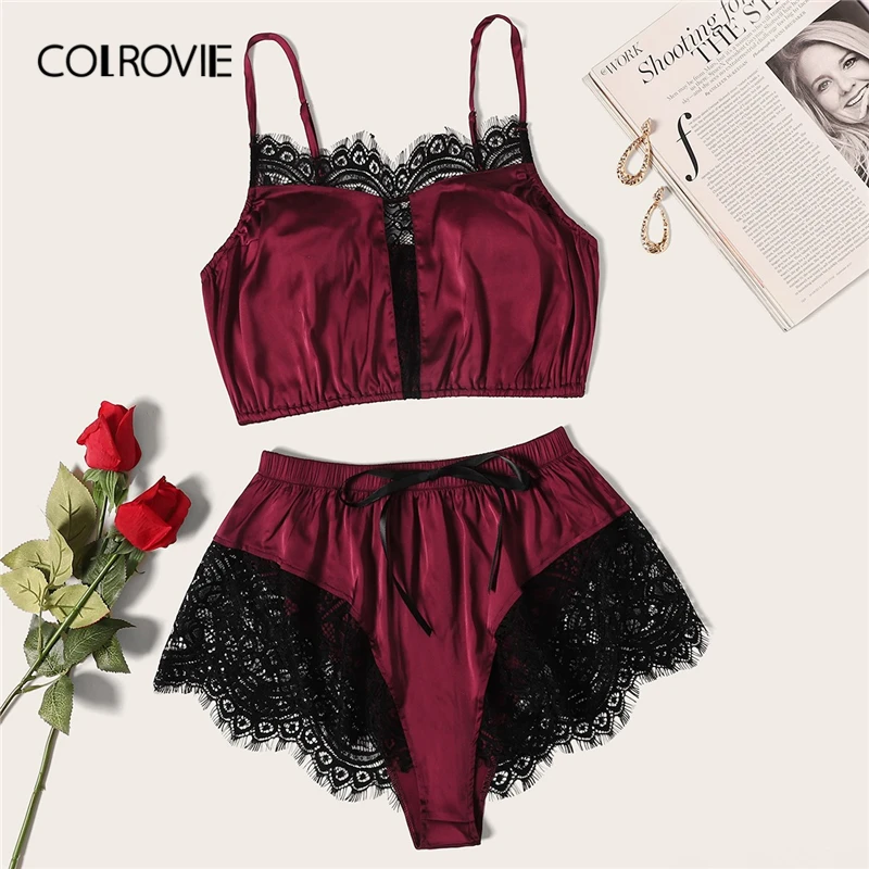 

COLROVIE Burgundy Floral Lace Satin Lingerie Set 2019 Summer Bralettes Shortie Sexy Sets Ladies Bra And Panty Underwear Set