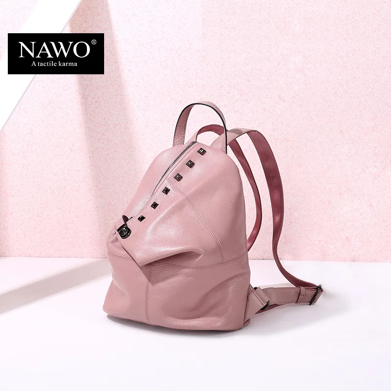 NAWO Fashion Genuine Leather Backpack Rivet Women Bags Preppy Style Backpack Girls School Bags Zipper Large
