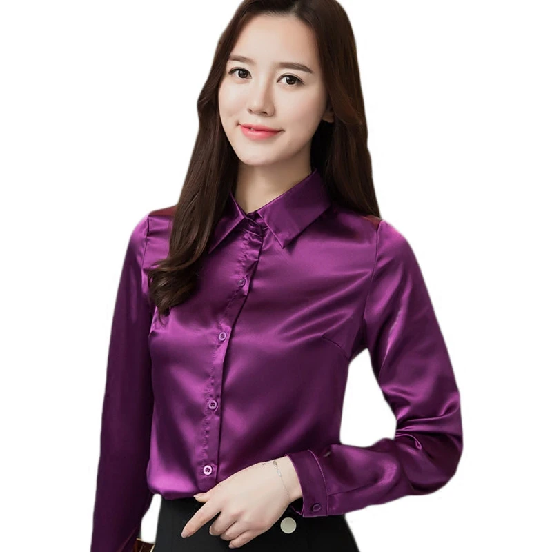 high quality Women Imitation silk satin blouse button long sleeve lapel