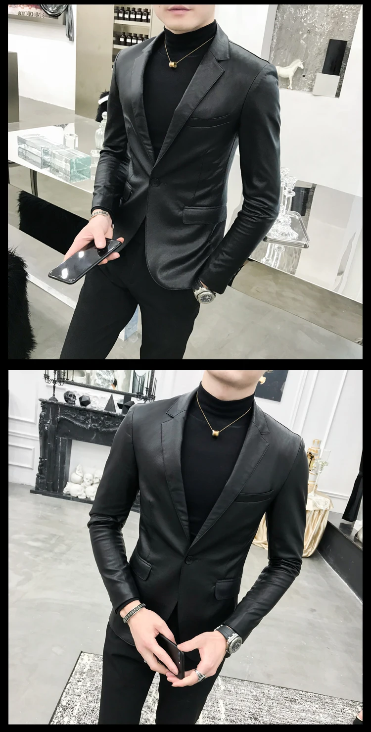 Однотонный черный приталенный Блейзер Hombre из искусственной кожи, мужская куртка на одной пуговице, деловые повседневные спортивные пиджаки для выпускного, корейский мужской пиджак