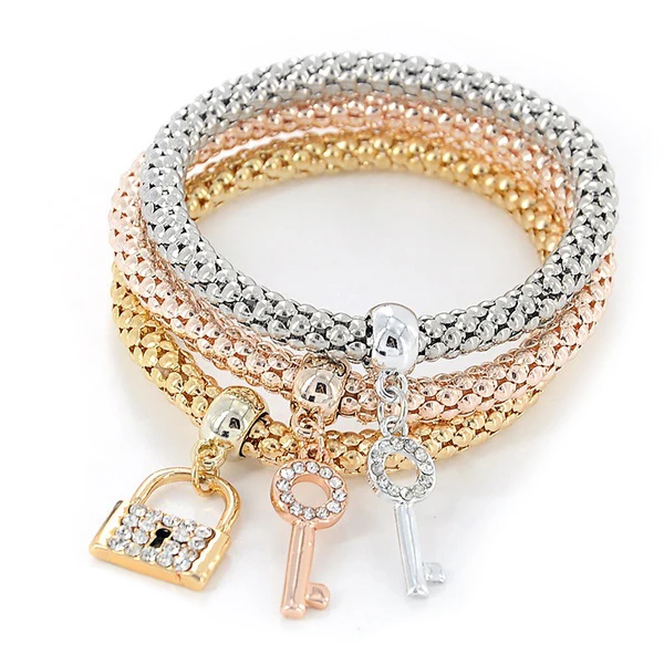 1set 3pcs font b fashion b font Crystal Elastic Rhinestones Key Lock Pendant Bracelet font b