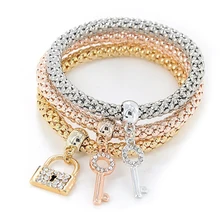 1set/3pcs fashion Crystal Elastic Rhinestones Key Lock Pendant Bracelet Jewelry