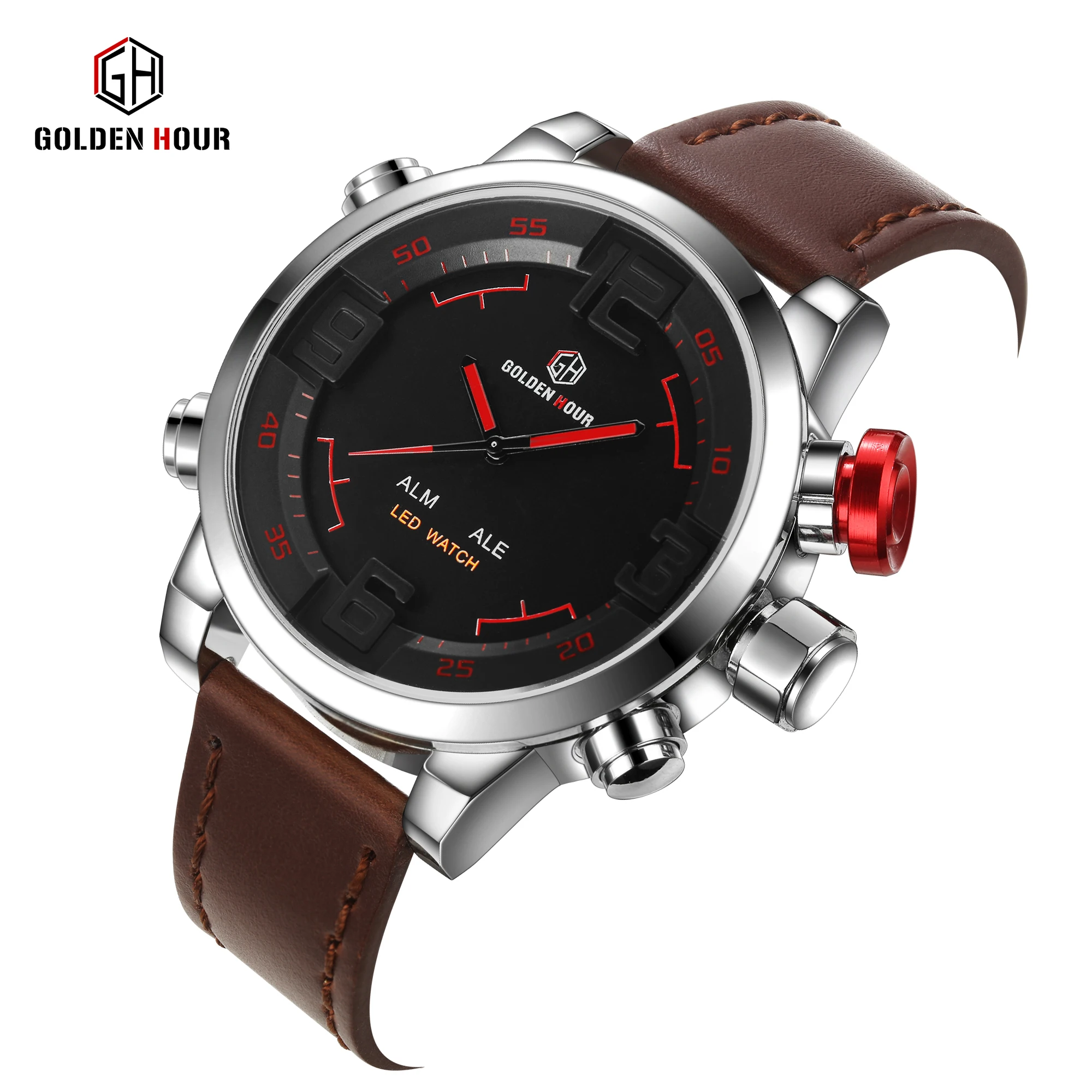 

GOLDENHOUR Men Watches LED Clock Fashion Leather Waterproof Shock Resistant Quartz Sport Watch Military Style Relogio Masculino