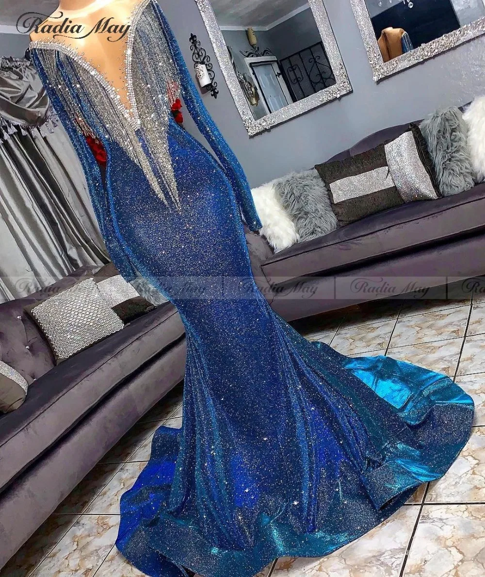 Блестящее платье русалки с блестками и кисточками, с длинными рукавами, королевское синее платье для выпускного вечера, прозрачное платье с v-образным вырезом и шлейфом, длинное платье для выпускного вечера в африканском стиле
