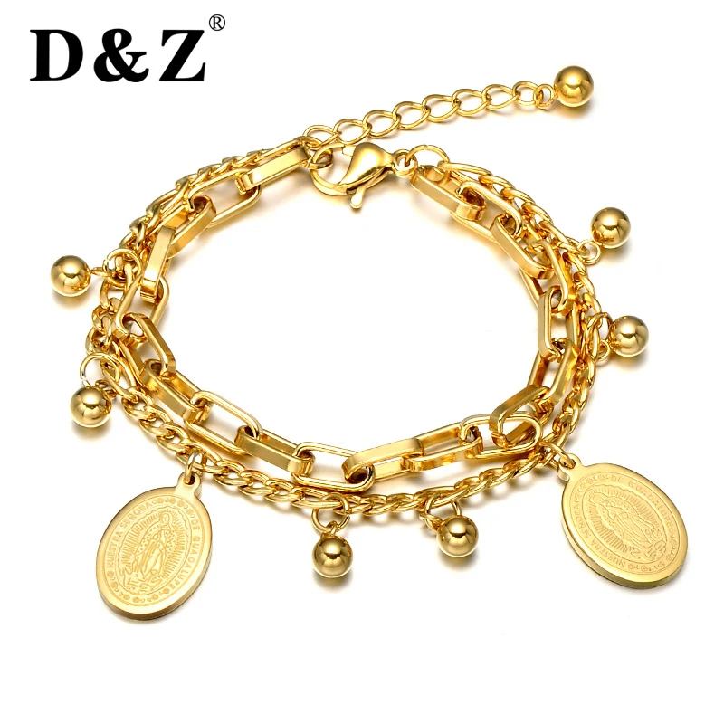 

D&Z Religious Gold Color Beads Virgin Mary Bracelet Stainless Steel Charm Catholic Bracelets for Women Jewelry Gift for Mother