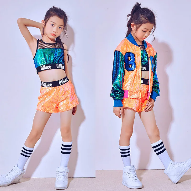 

Children's Modern Dancewear Orange Hip-hop Costume Fashion Sequin Street Dance Costumes Kids Performance Party Clothes