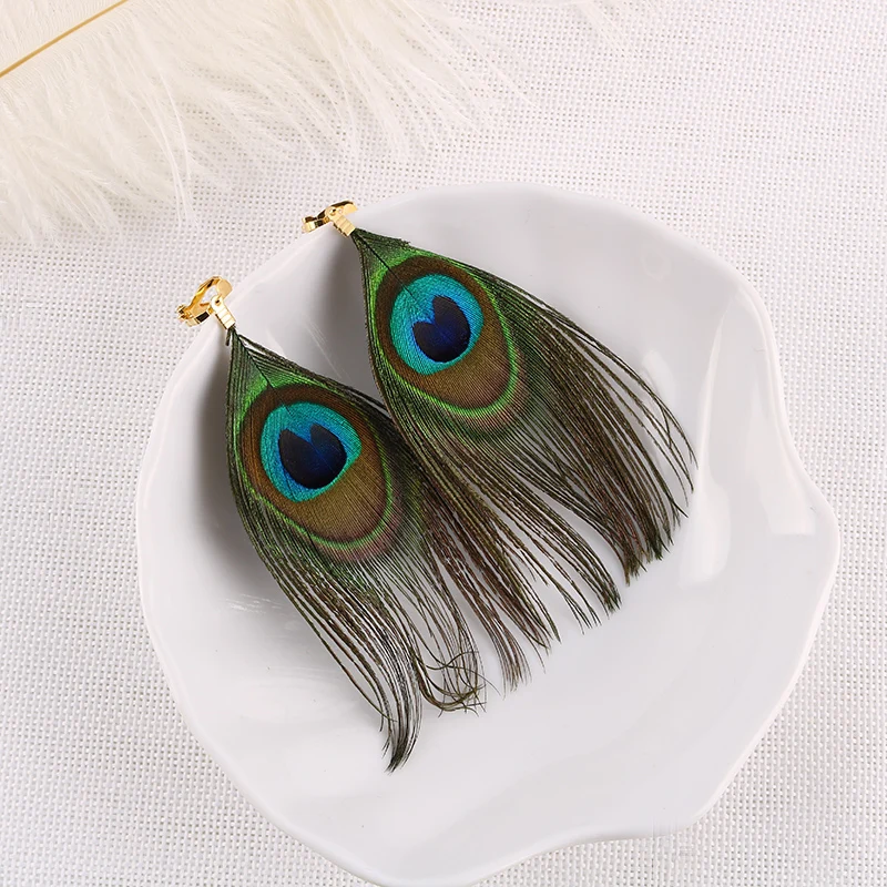 Модные длинные серьги Lithe с настоящими перьями без пирсинга клипсы для женщин