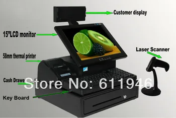 

15inch touch screen all in one pos system with thermal printer/laser scanner/cash drawer/customer display/keyboard