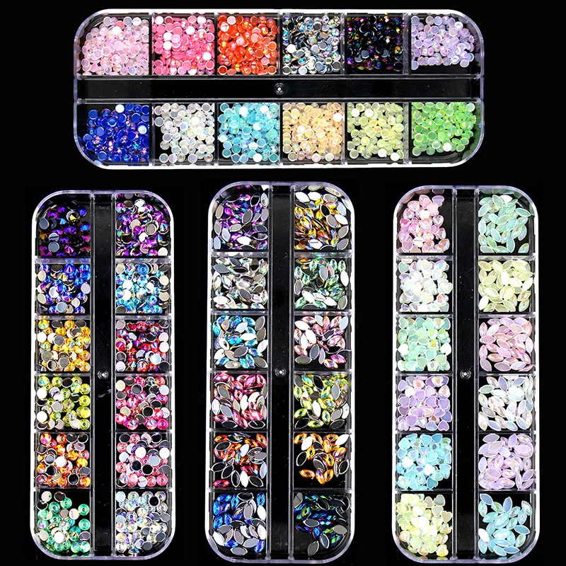 

1 Box Mixed Glitter Crystal AB Colour Nail Rhinestones 3D Flat Back Nail Gems Horse eye/Heart/Round Design Nails Stones DIY Deco