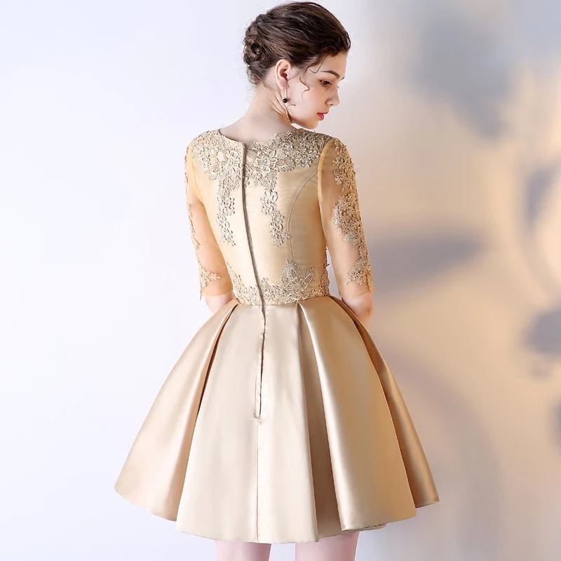Халат De Soiree короткие новые роскошные расшитое золотистым кружевом Вечернее платье сделано с круглым вырезом короткие cексуальные вечерние платья невесты