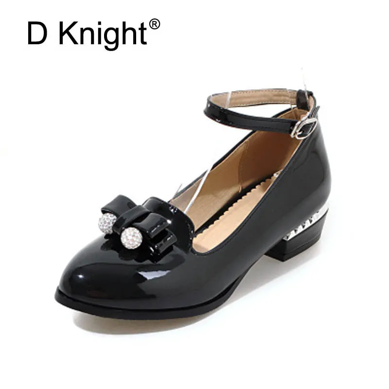 

Sweet Patent Leather Bow Ankle Strap Women Pumps Fashion Crystal Round Toe Middle Height 5 CM High Heels Ladies Campus Shoes
