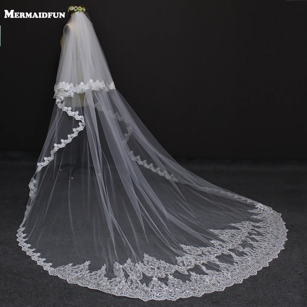 

2019 New Style Two Layers Full Edge with Lace Luxury 3 Meters Long Wedding Veil with Comb White Ivory Bridal Veil Velos De Novia