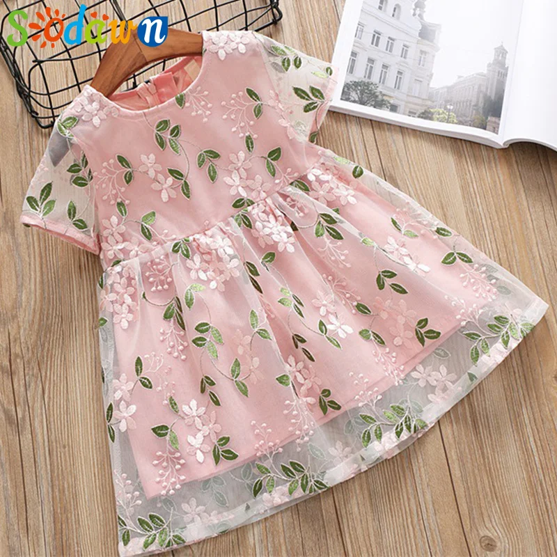 

Sodawn Sweet Girls Dress Summer New Embroidered Mesh Lace Princess Dress Children Clothing
