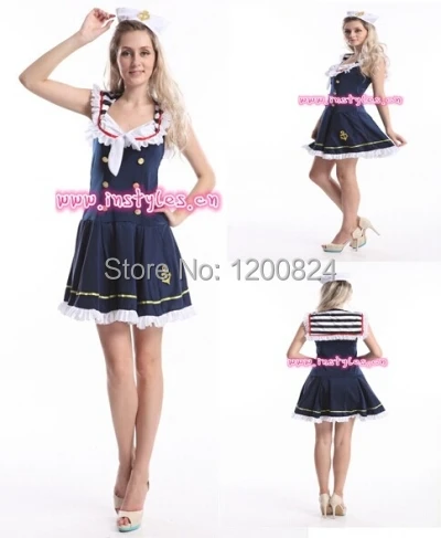 Navy Sailor Blue Girl Uniform Ladies Rockabilly Pin Up Fancy Dress Costume /& Hat