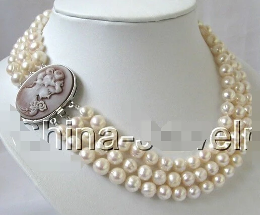 

Wholesale fast 100% Natural jewelry Beautiful 17-19" 3row 9mm white round freshwater pearl necklace-cameo clasp