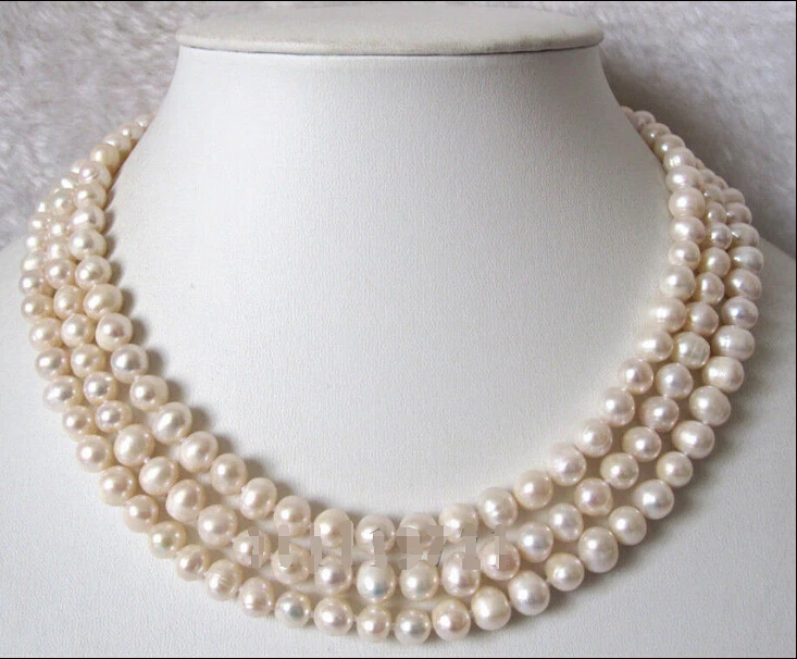

Free shipping >>>>>3 Row 7-8mm White Freshwater Cultured Pearl Necklace 17-19