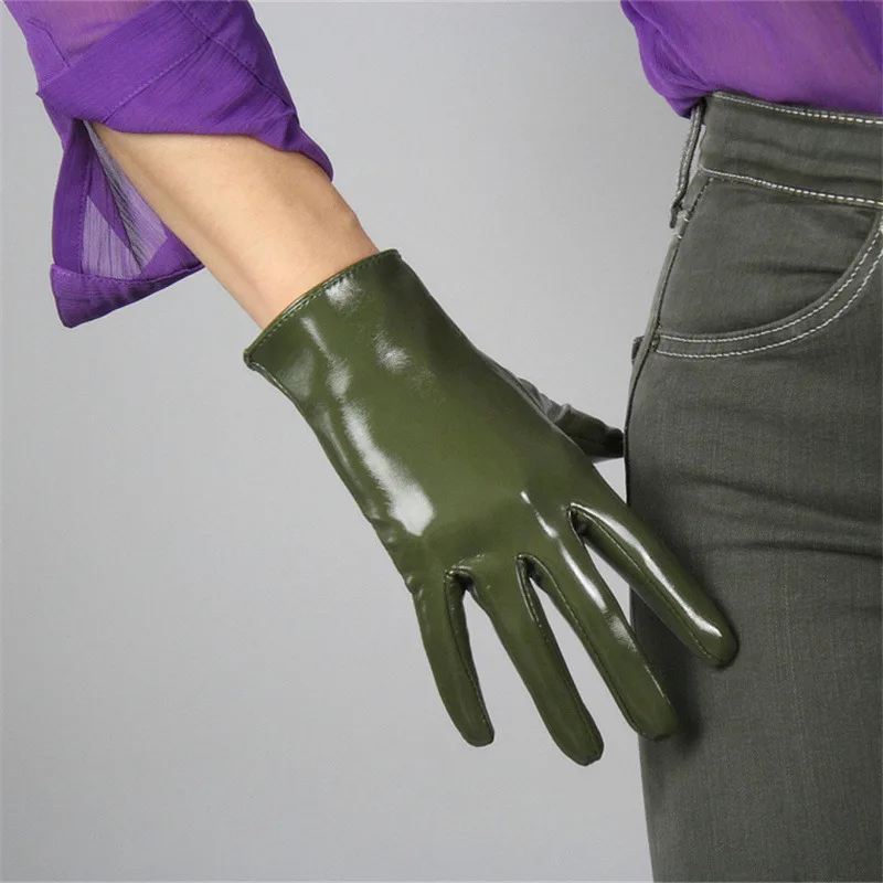 Patent Leather Black Short Ladies Gloves. Fashion Simulation Leather