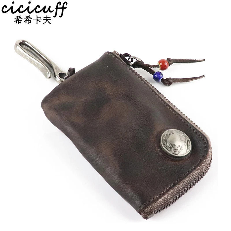 

Vintage Key Case Cowhide Genuine Leather Zipper Car Keys Wallet Bag Fashion Multi-functional Household Keys Housekeeper Holders