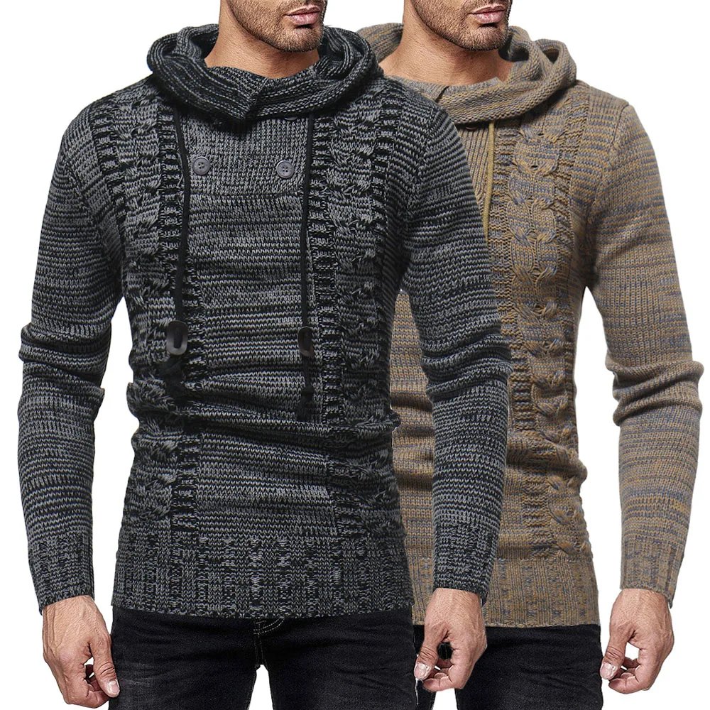Для мужчин с капюшоном свитер Мужская Мода Твист двубортный соответствующие Цвет с капюшоном тонкий вязаный свитер