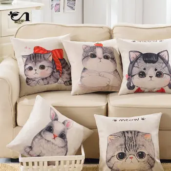 

2x Cushion Pillow Case Chair Cushion Cover Linen CottonThrow Pillow Home Decor Cushions 45*45cm 55*55 Cute Cat Rabbit Kitten