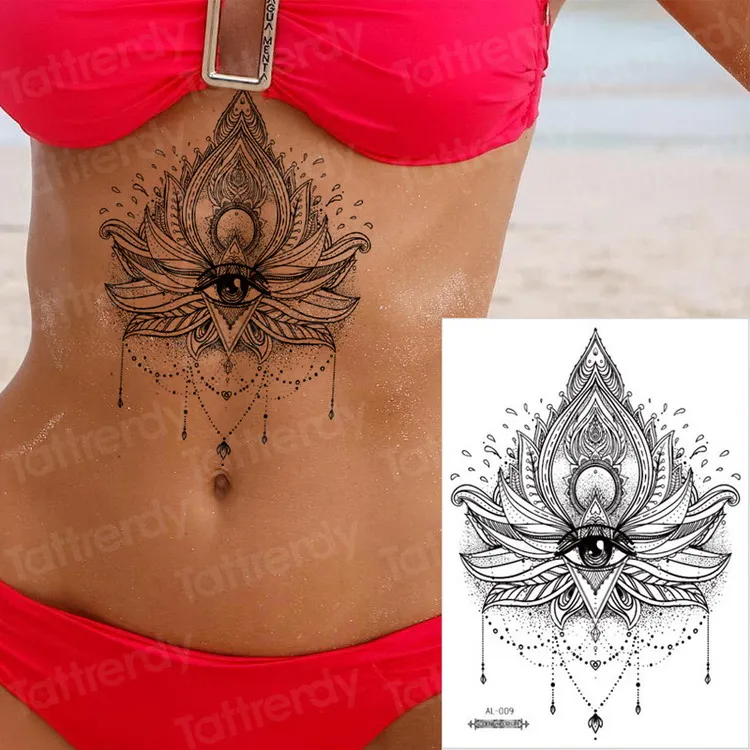 Водонепроницаемые Временные татуировки для женщин под татуировка на грудь Мандала Лотос эскиз цветок для росписи хной наклейки бикини сексуальные тату