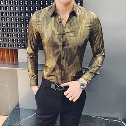 2019 Повседневное Для мужчин рубашка золото в полоску рубашка с длинными рукавами в Корейском стиле, платье, приталенный смокинг, нарядная