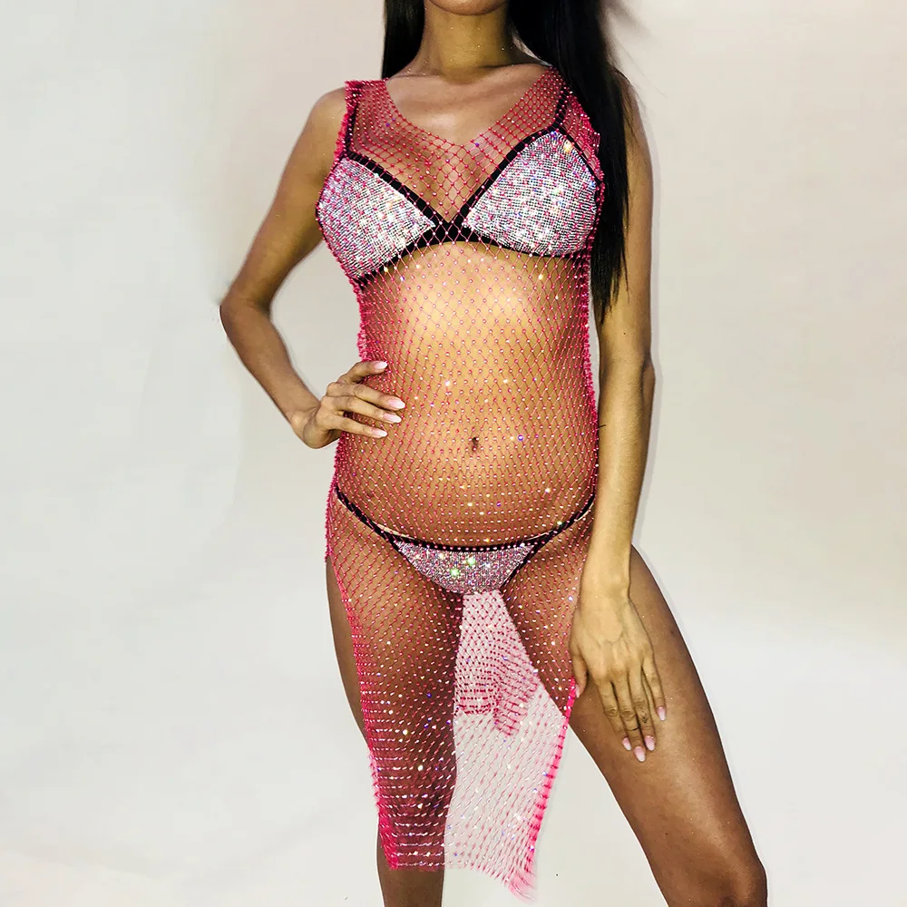 

Fashion Sexy Women Mesh Dress Fishnet Crystal Rhinestone Summer Beach Club Party Slit Dress Festival Sheer Cover Up
