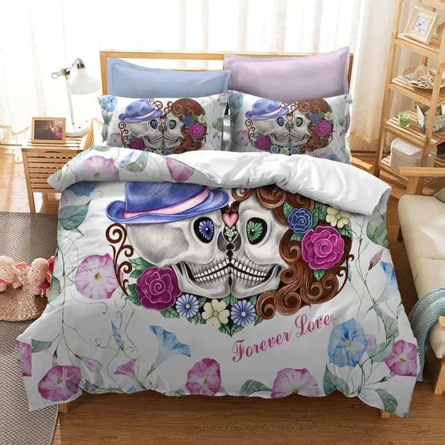 Cilected Mr Mrs Couple Skull Forever Love Duvet Cover Set Pillow Cases