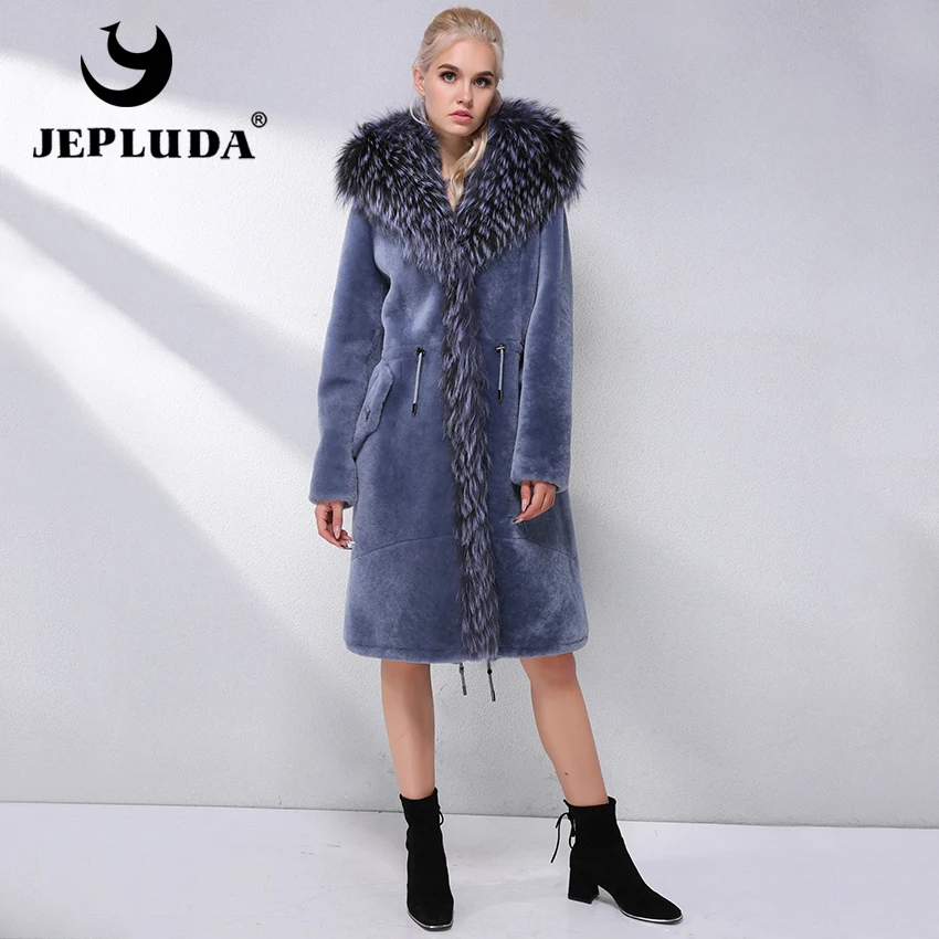 JEPLUDA Шуба Натуральный Мех овчины Австралийский На Капюшон Лисы Реальный