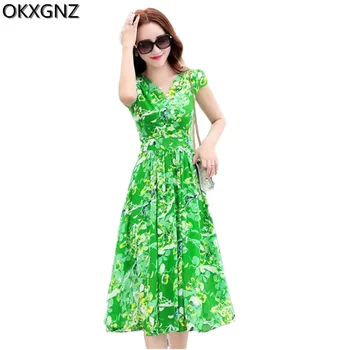 

OKXGNZ Korea Fashion Women's Dress 2017 New Costume Print Chiffon Dress V-Neck Short Sleeve Sexy Long Dress Slim Plus Size A207